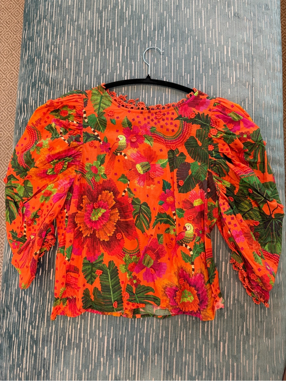 FARM Rio Orange Floral Puff-Sleeve Blouse